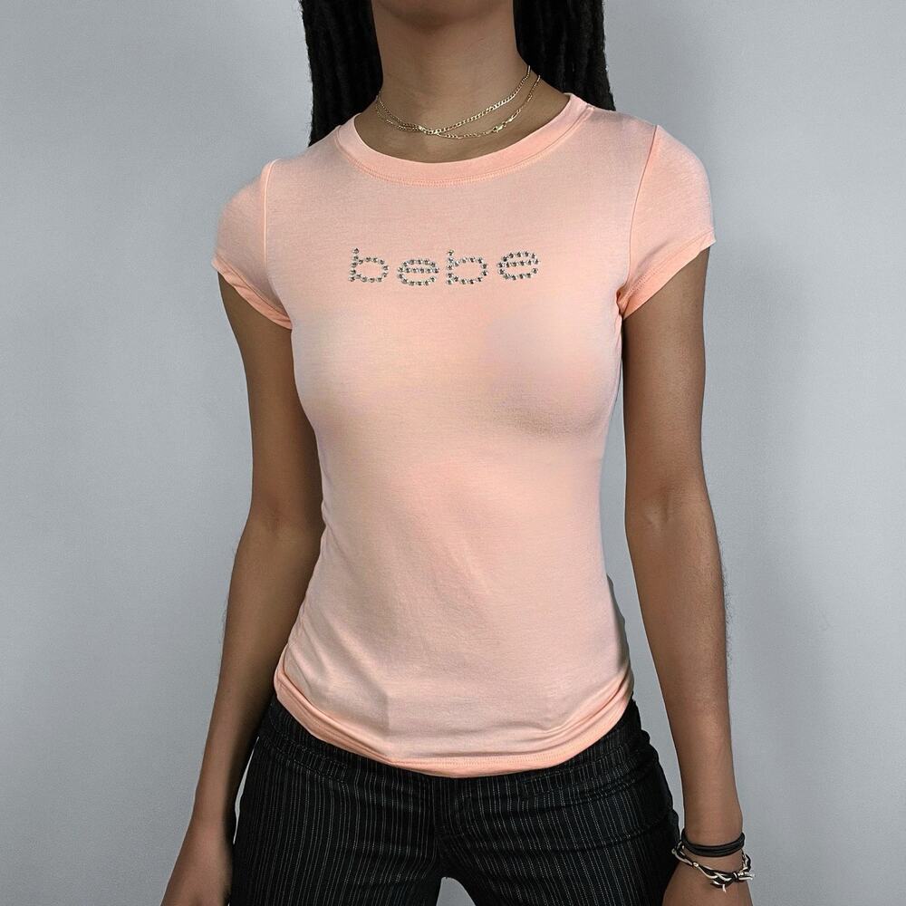 Bebe Rhinestone Logo Short Sleeve Babydoll T Shirt Top Y2K Vintage Baby Tee